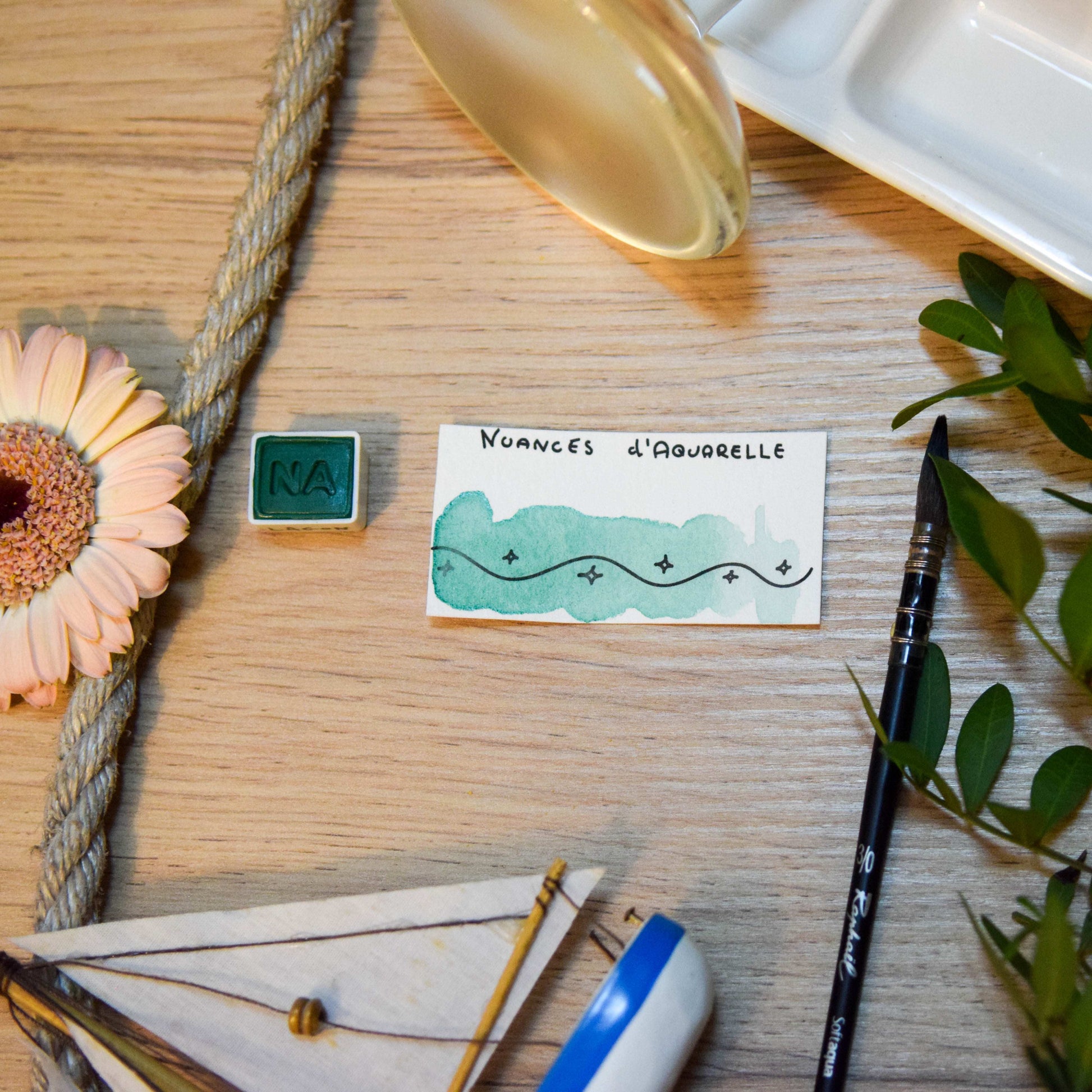Aquarelle artisanale extra-fine végane eco-responsable et solidaire en demi-godet couleur Vert Lagon