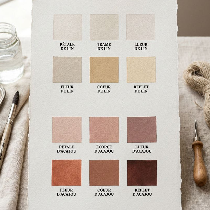 Coffret Nuances de Lin & d'Acajou - 12 Aquarelles Artisanales Véganes